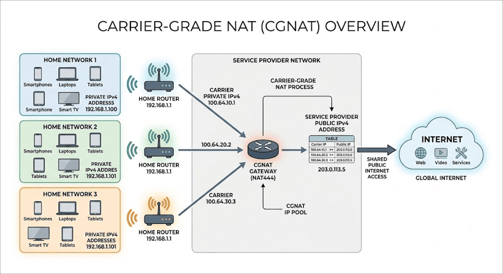 Overview of CGNAT: three home networks with private addresses each go through their own home router to the operator's CGNAT gateway, which lets them share a single public IPv4 address towards the internet.